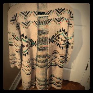 Cream fuzzy cardigan w/ colorful tribal print